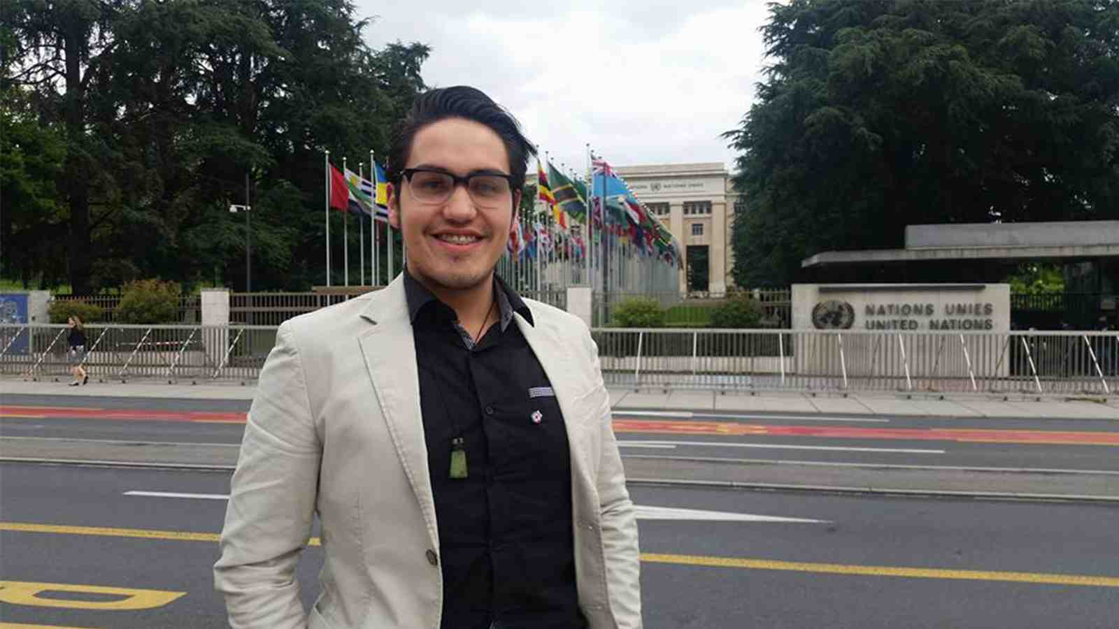 Daniel Gamboa stands out the front of the United Nations in Geneva.