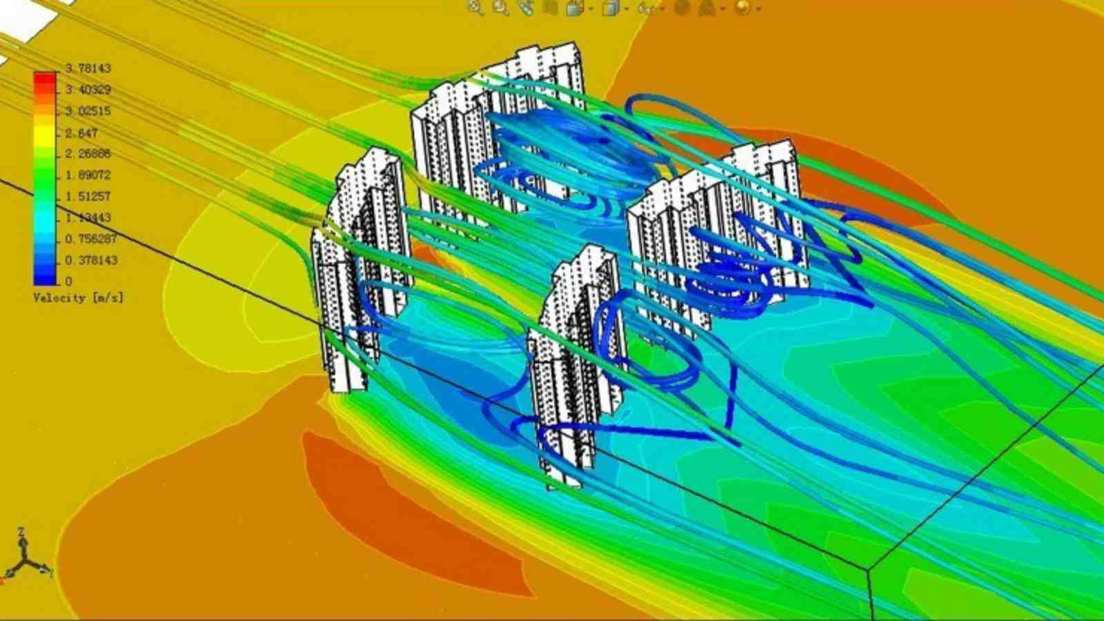 Harry's research, a computer generated image showing airflow and ventilation in buildings in a curved layout.