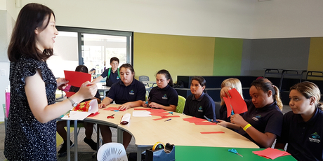 Miss Ou makes Chinese lanterns with a group of Year 8 students. Photo/Supplied