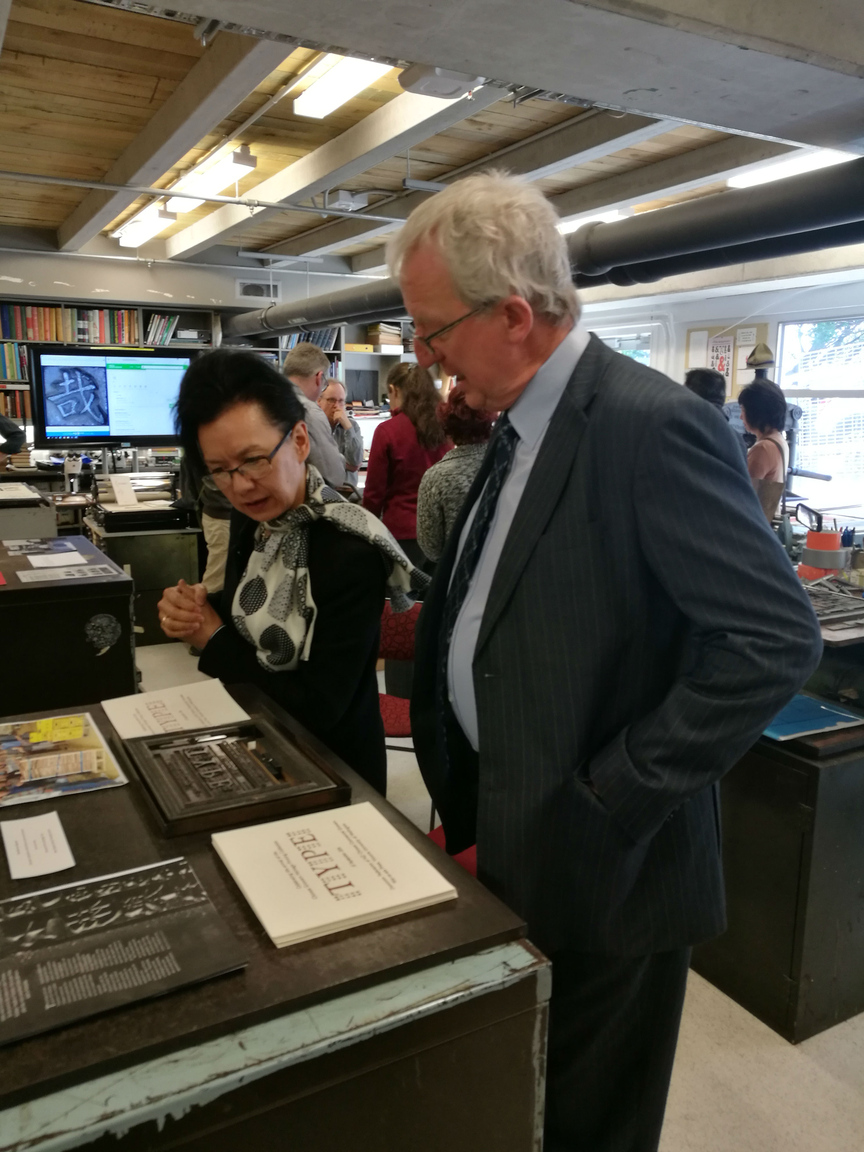Rebecca Needham, Director Confucius Institute and Tony Browne, NZ Contemporary China Centre viewing the Chinese Heritage Type collection.