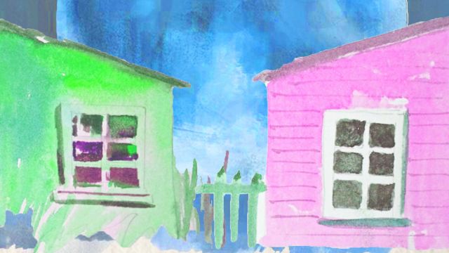 Water colour painting of houses with picket fences.