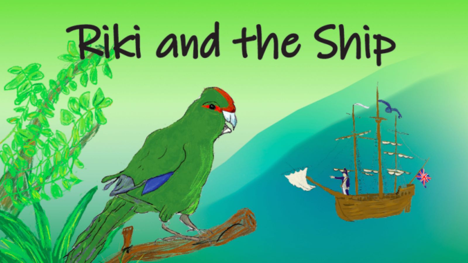 An animated picture of a green bird perched in a tree with a ship in the background – text on the image reads, Riki and the Ship.