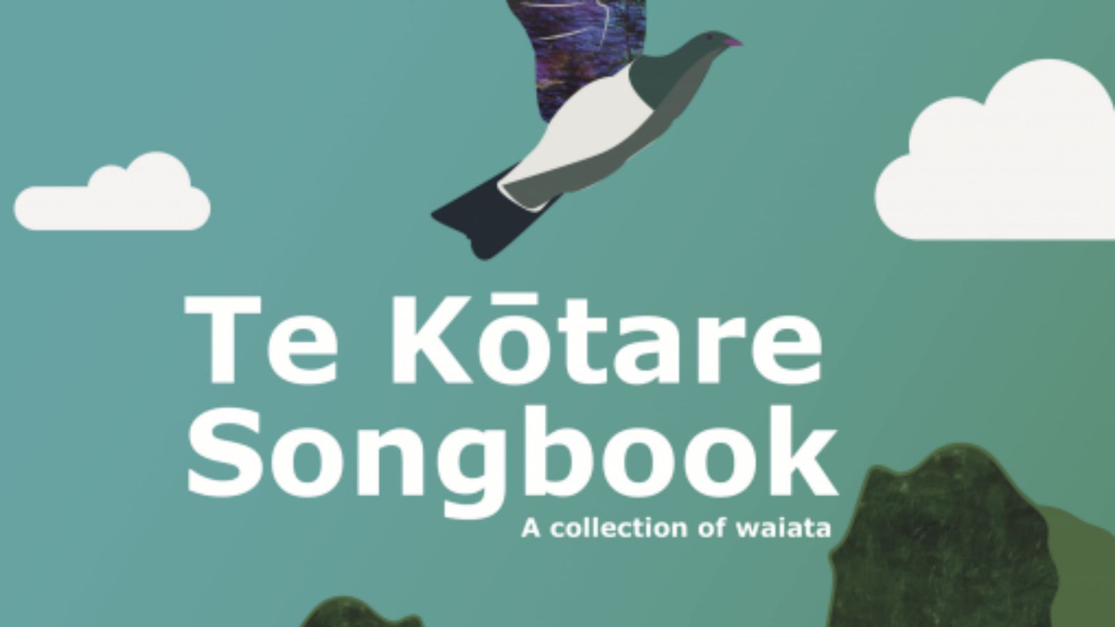 An animated image of a bird flying in the sky whith white text that reads, We Kōtare Songbook, a collection of waiata.