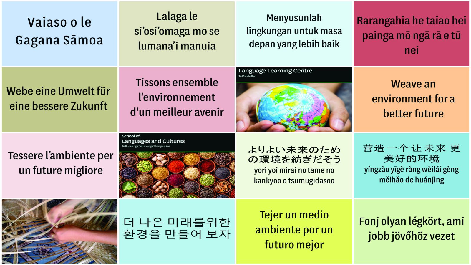 Samoan Language Week 2019 – themed image of different tiles with multiple images and phrases in different languages.