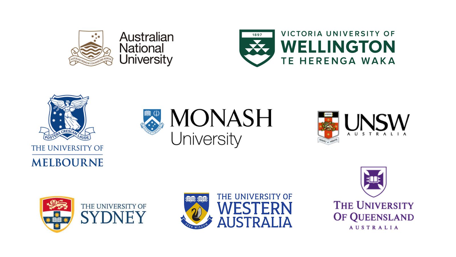 Various logos of New Zealand and Australian based universities.
