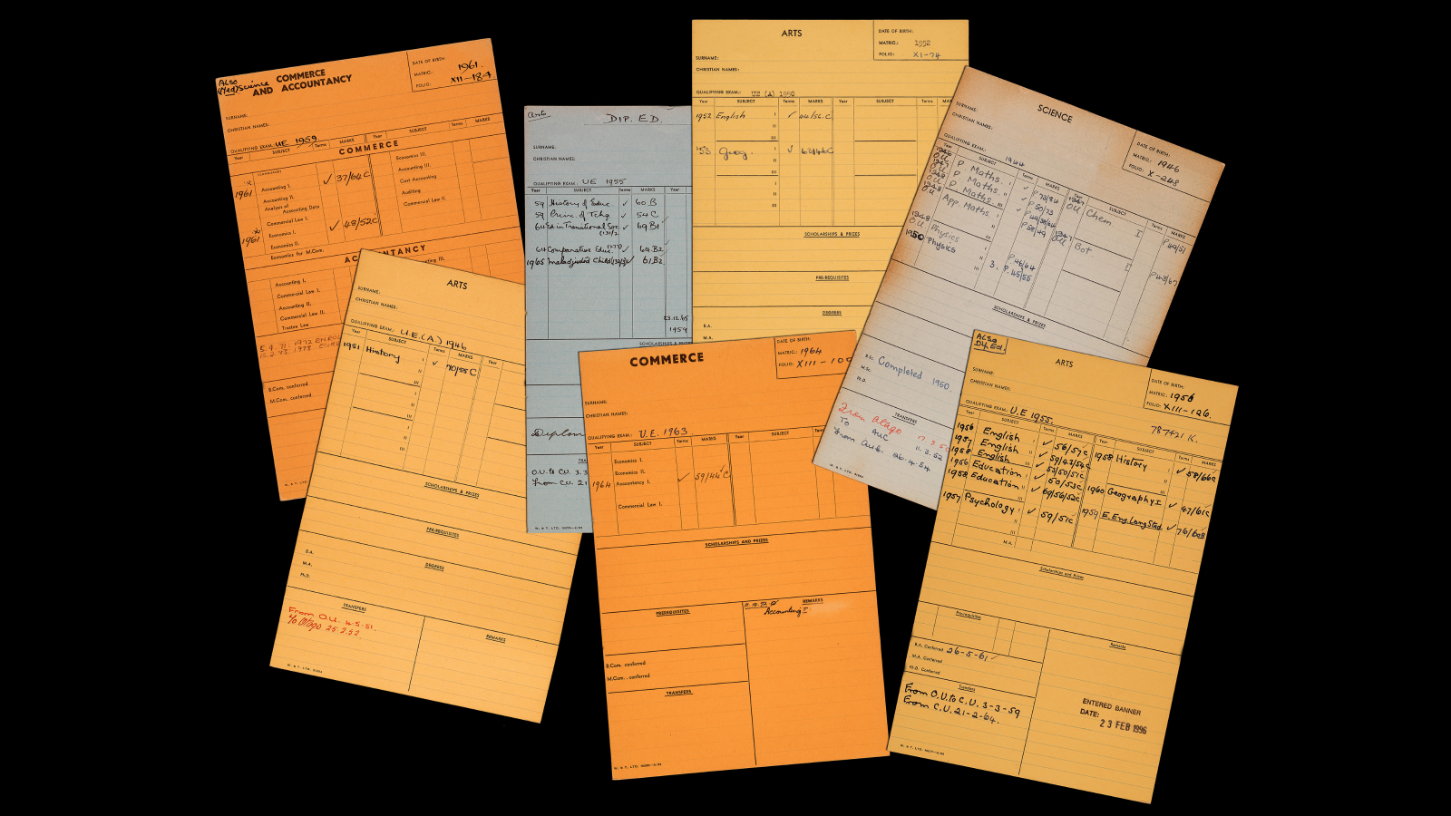 enrolment cards in different colours from 1898