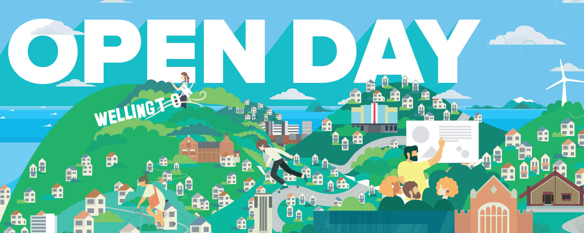 A colourful illustration of houses and buildings in the hills around Wellington city and harbour with the text ‘Open Day’.