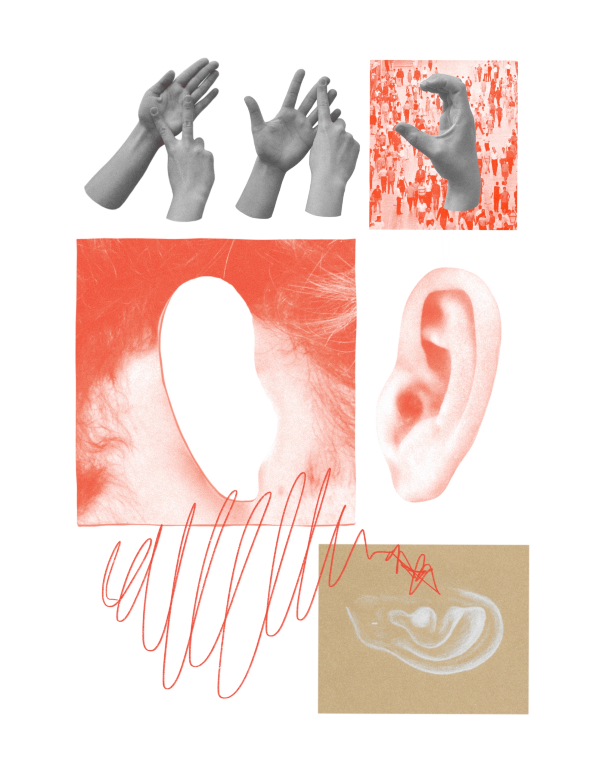 Image showing hands signing ‘VIC’ along with illustrations of ears. 