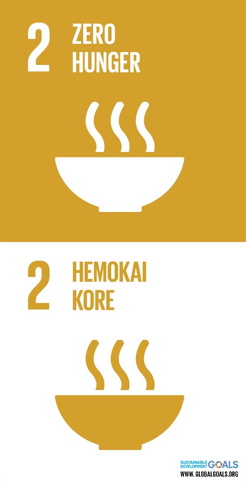 A tan and white graphic logo of a bowl with steam floating up for the UN SDG 2: zero hunger - in both English and te reo Maori