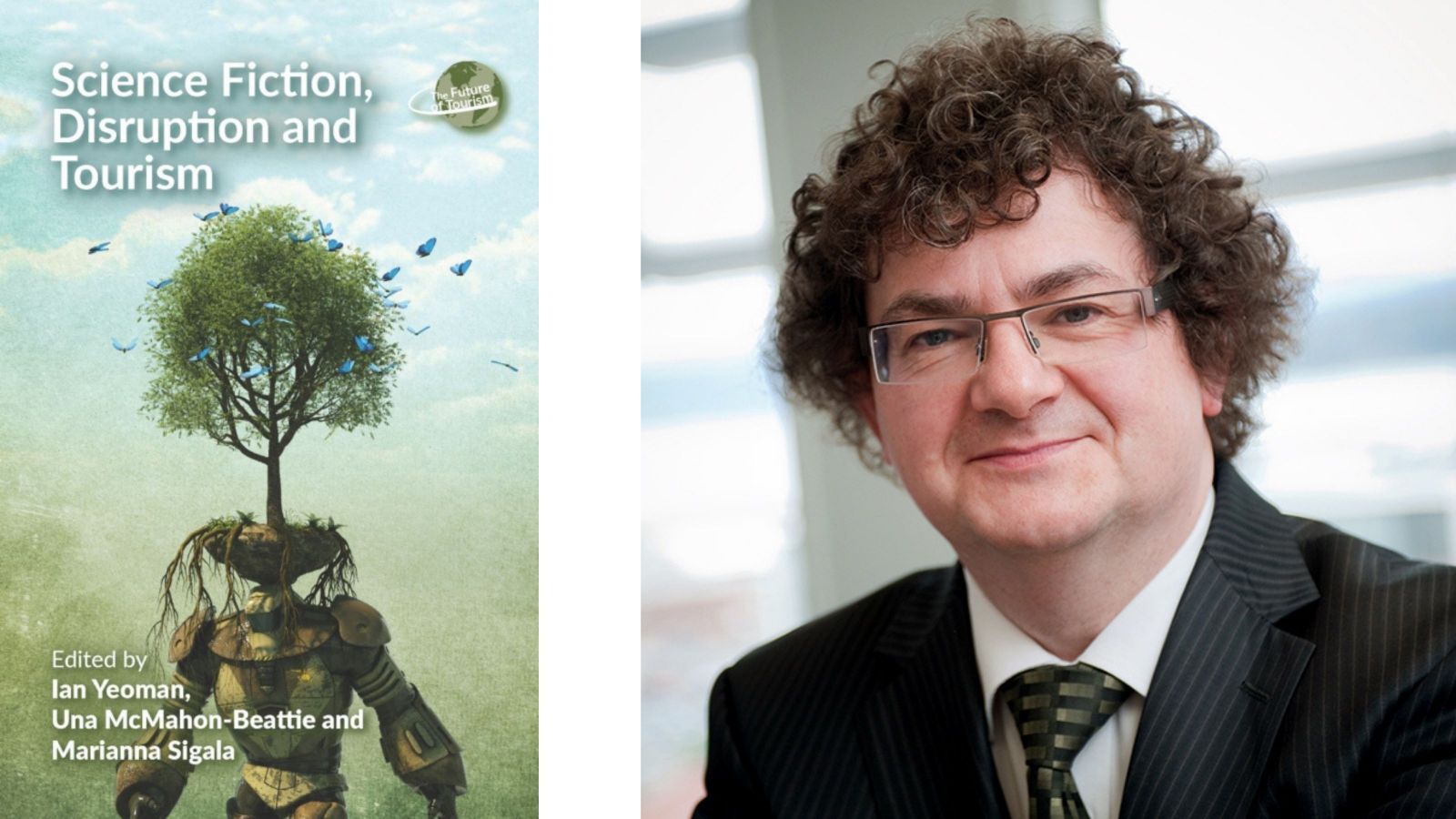 image of book cover titled science fiction and tourism, with a humanoid made from spare parts and trees. plus image of man smiling with curly dark hair, wearing a suit. 