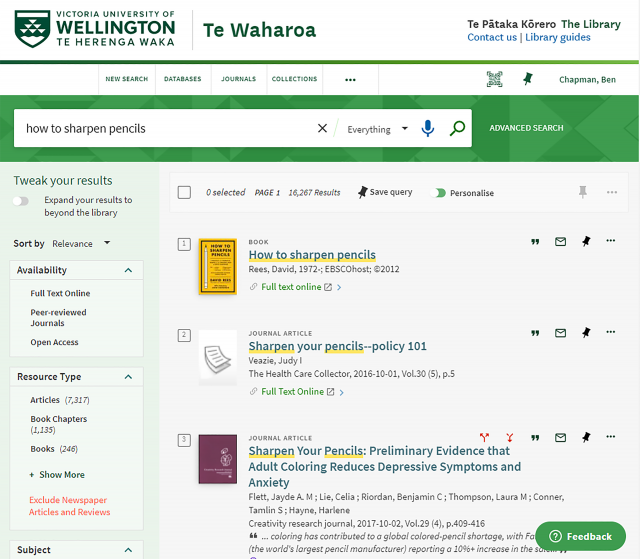 Screenshot of new Te Waharoa design showing search for how to sharpen pencils