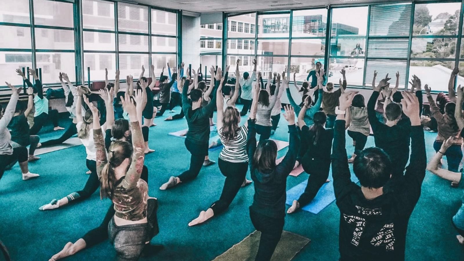 Yoga session with all students arms in the air.