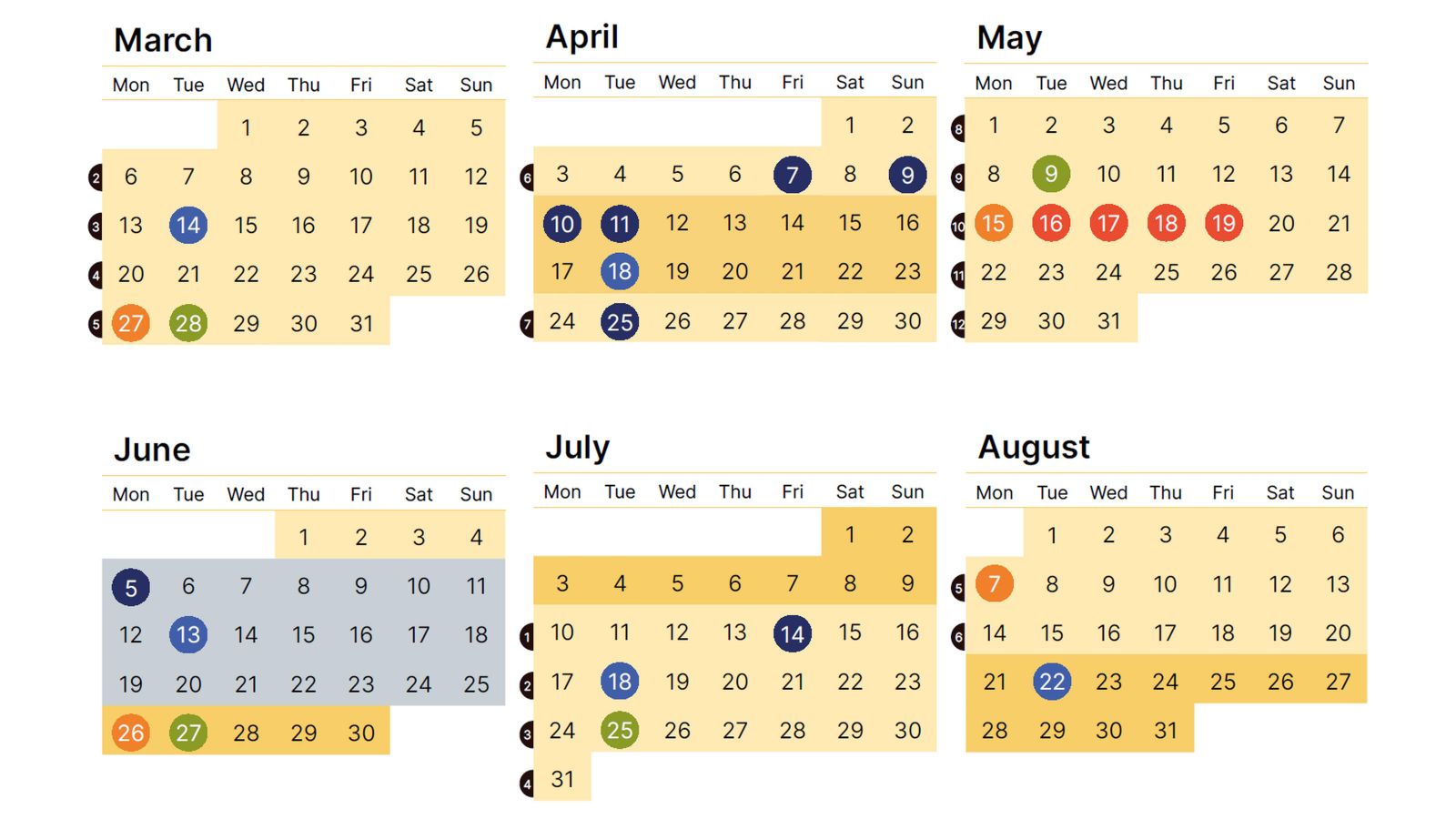 Section from the University's wall calendar showing trimester and exam dates.
