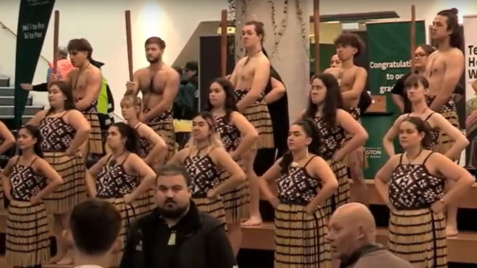 Students performing a traditional Māori dance at the beginning of the ceremony.