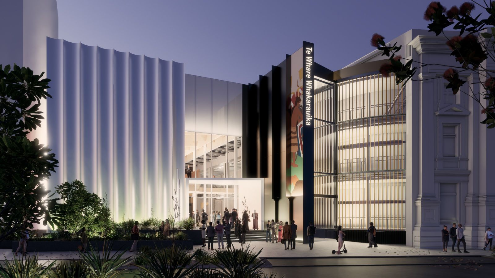 Artist's impression of the Wakefield St entrance to the Wellington Town Hall at night