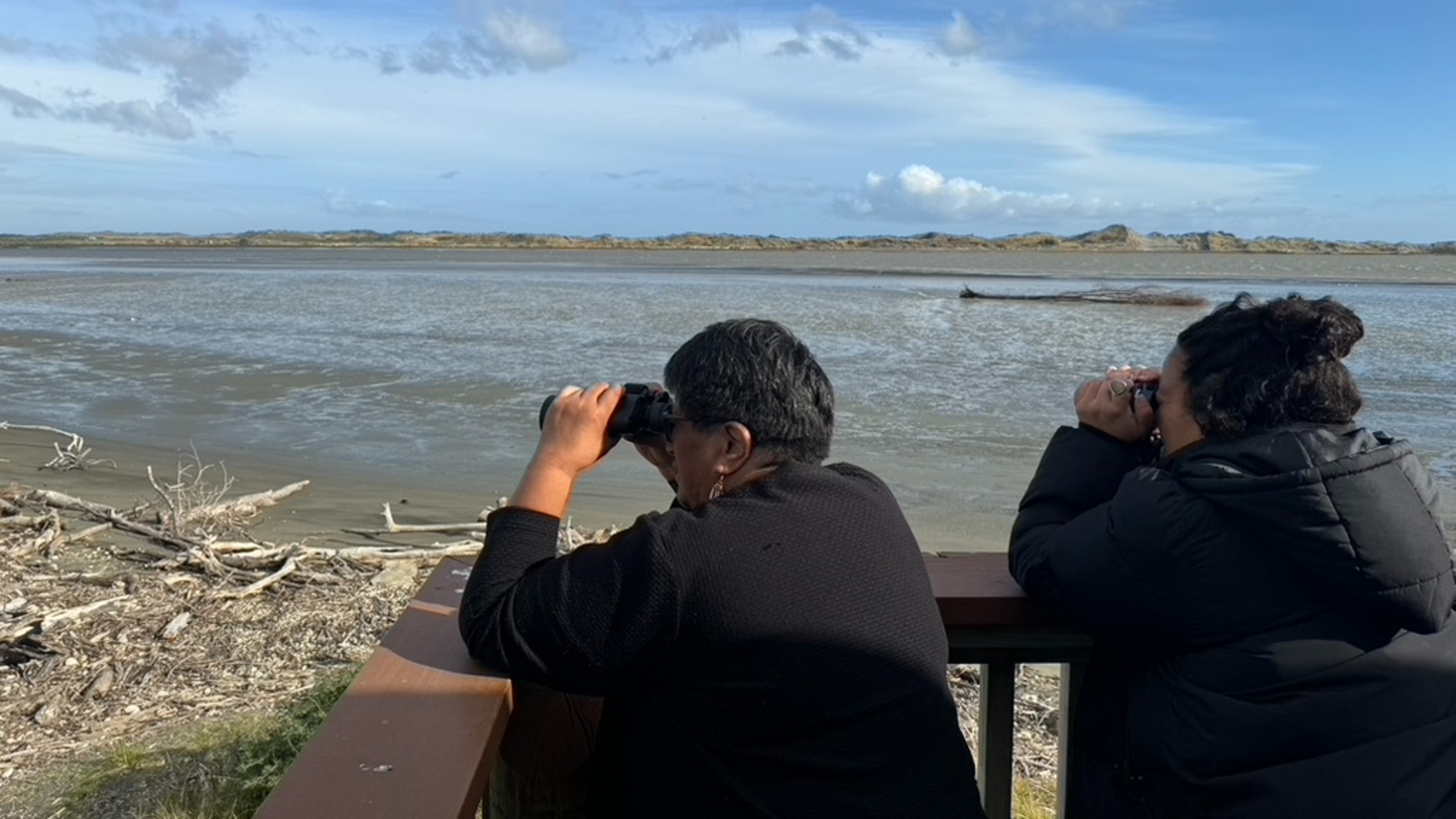 Two figures using binoculars along the Whanganui river estuary.