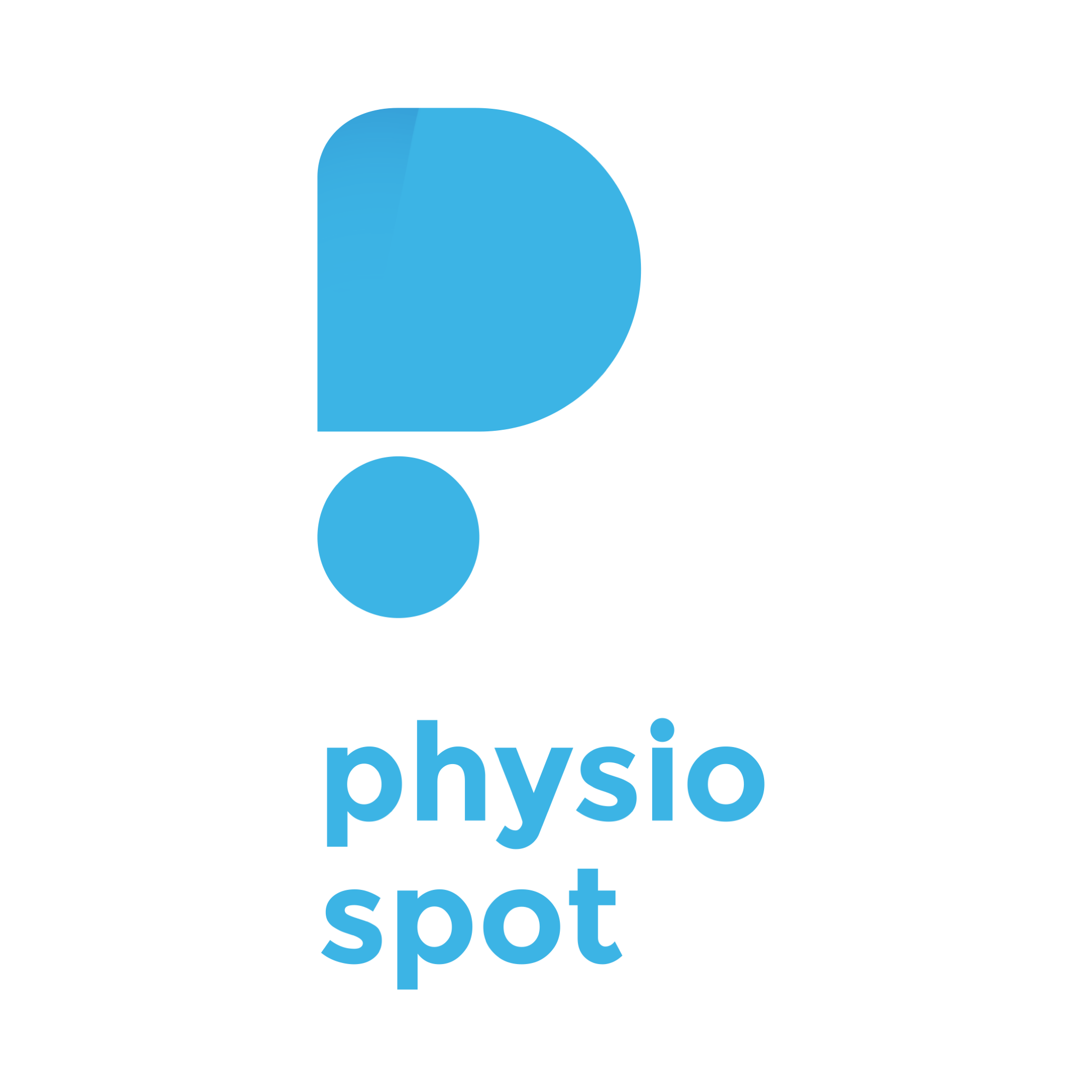 This is the Physio Spot logo which features a blue abstract ‘P’ symbol made of a rounded shape and a dot below it, with the text ‘physio spot’ below it in the same blue colour.