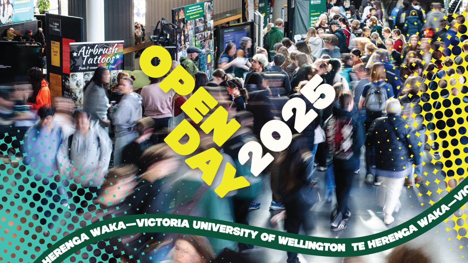 A busy university atrium overlayed with the words 'Open Day 2025'