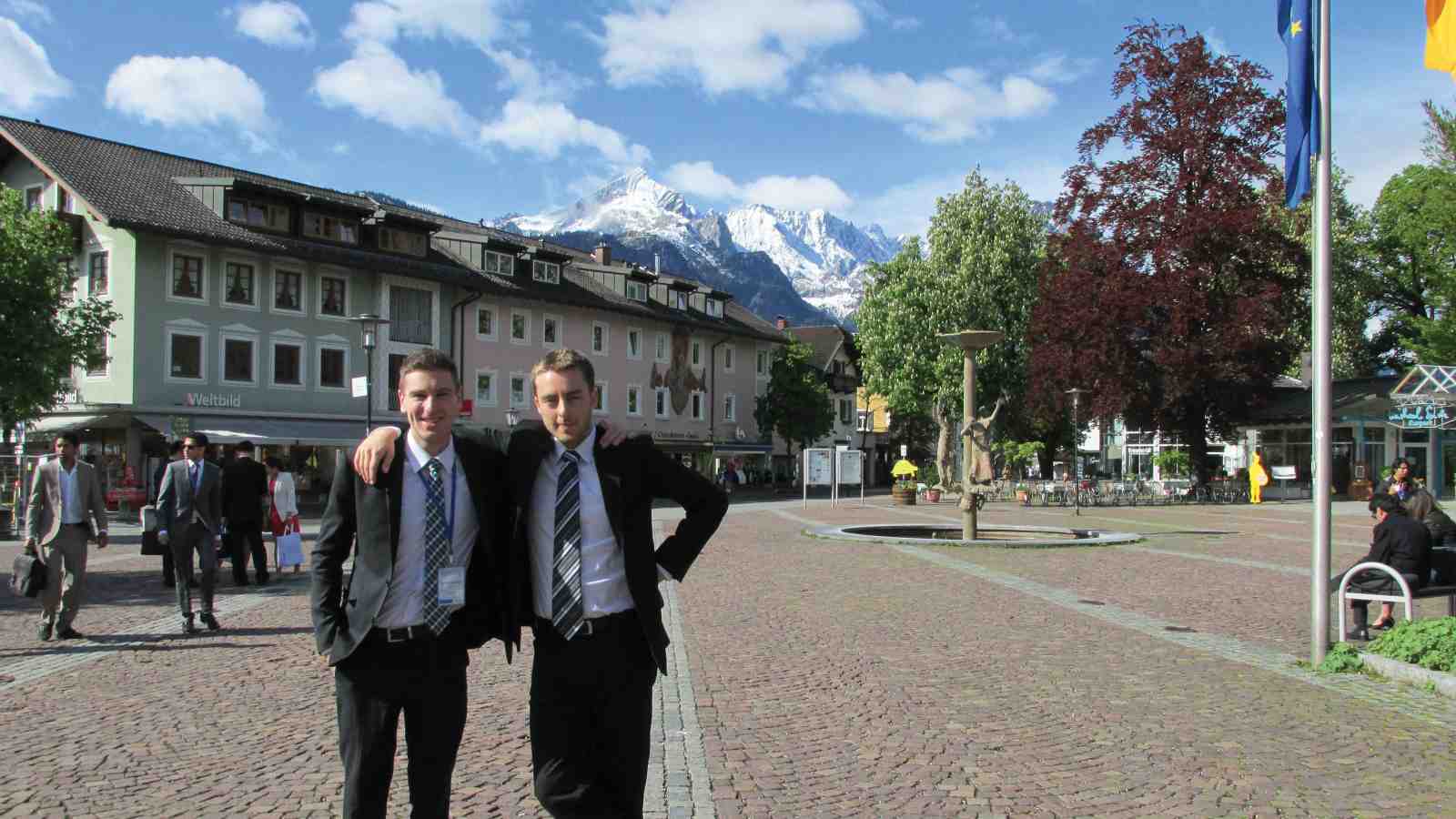 Dylan Chambers (left) and Matt Hayes outside the Congress Centre in Garmisch-Partenkirchen, where they attended the G20 Youth Forum.