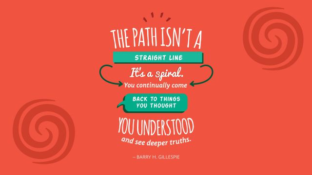 A read banner that reads “The path isn’t a straight line. It’s a spiral. You continually back to the things you thought you understood and see deeper truths. – Barry H. Gillespie”. 