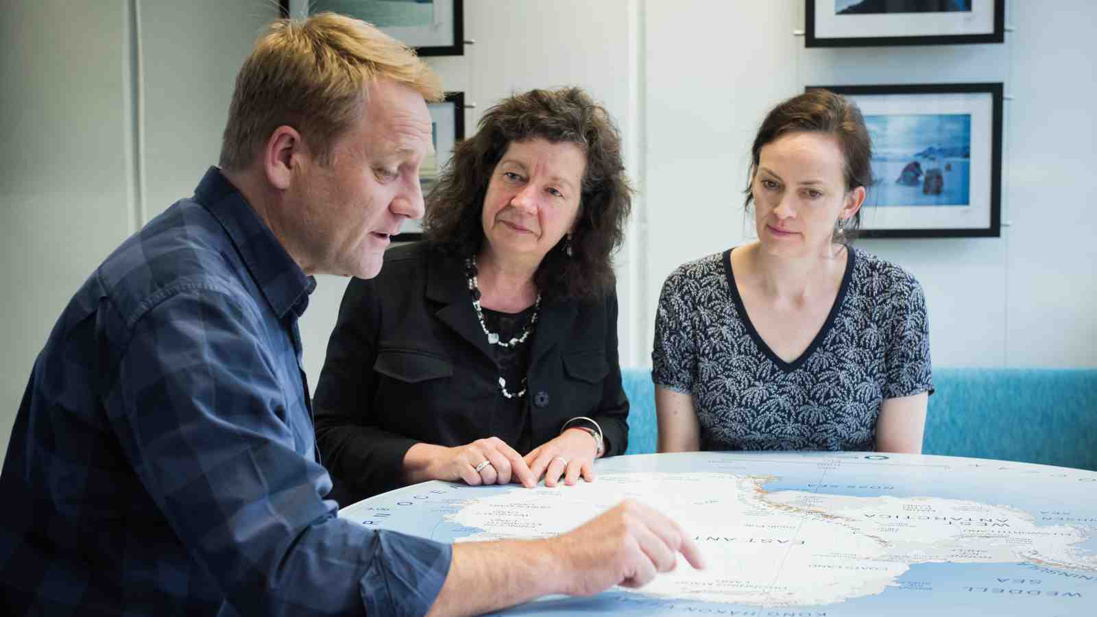Dr Cliff Atkins, Provost Professor Wendy Larner and Dr Rebecca Priestley discussing plans for Antarctica online.