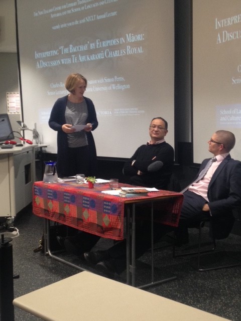 Sally Hill addresses Charles Royal and Simon Perris at the NZCLT event.