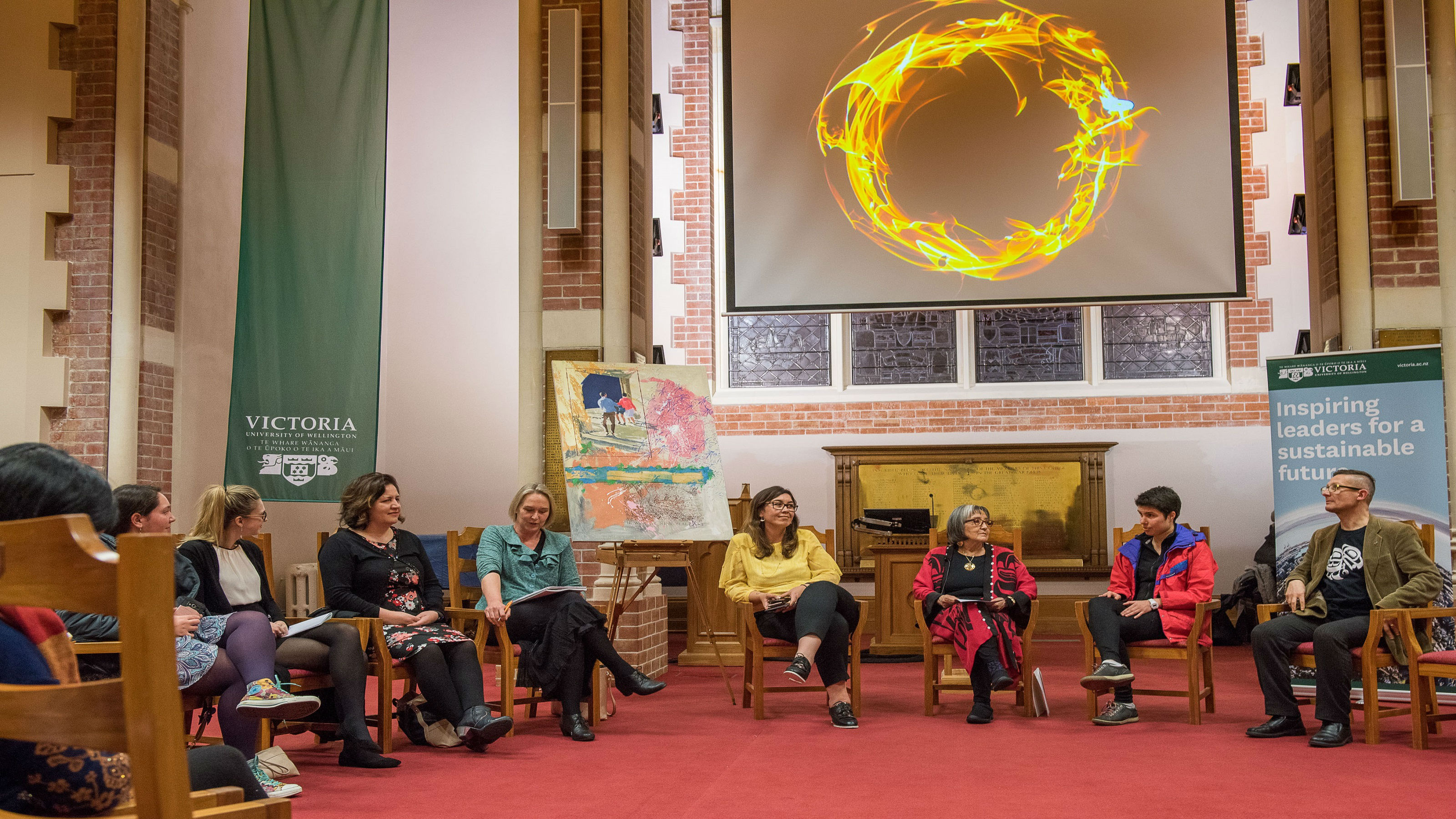 The Sustainability Campfire at the Hunter Council Chamber. From right: Marco Sonzogni (VUW), Ellen Van Neerven (Aus), Rosita Worl (Alaska), Rawinia Higgens ( Dep V/C Maori, VUW), Marjan van den Belt (Assistant V/C Sustainability) and guests. 