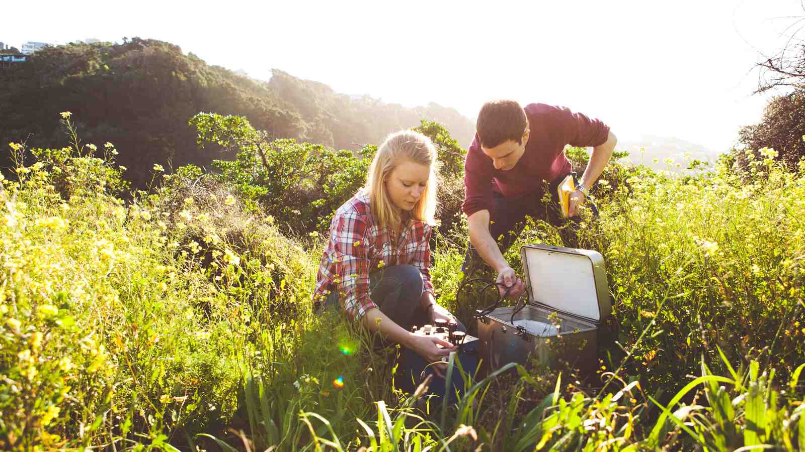 Two PhD students conducting a scientific experiment in a field.