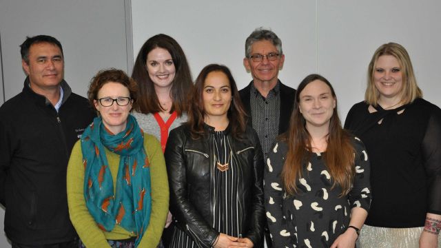 Research Showcase Presenters – From left to right: Dr Mike Ross; Dr Elizabeth Stanley; Dr Valerie Wallace; Dr Arini Loader; Associate Professor David O’Donnell; Dr Miriam Ross and Dr Corinne Seals.