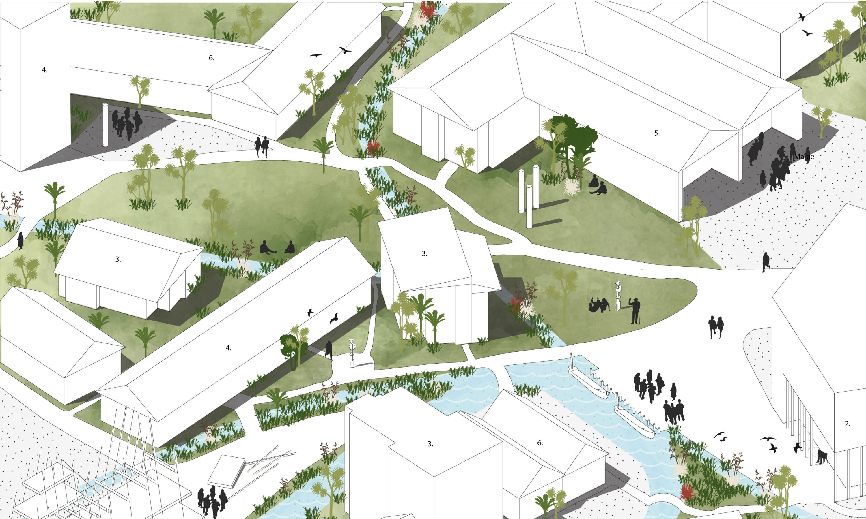 Design of alternative streets in Porirua – an animated image of white buildings and pathways.