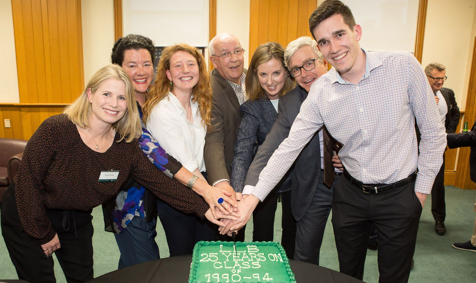 A group at the reunion from left to right – Belinda Moffat, Penelope Borland, Melissa Harward, Professor David McLauchlan, Victoria Heine, Edward Cox, Fletcher Boswell.