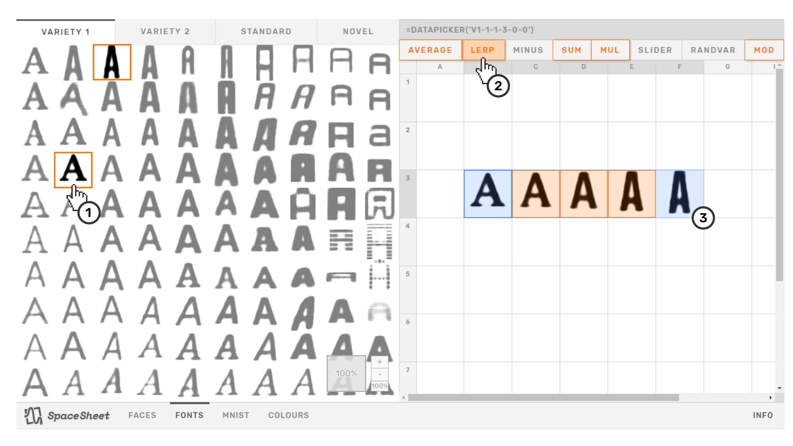Screenshot showing Bryan's spacesheet design tool generating a gradient of font variations using the letter A.