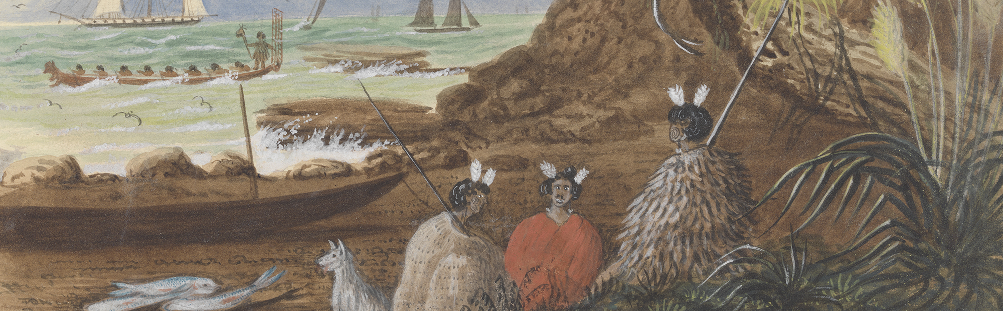 View near Auckland—three Māoris [sic] and a dog by Charles Emilius Gold