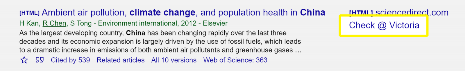 Screenshot of Google Scholar search result showing Check @ Victoria link