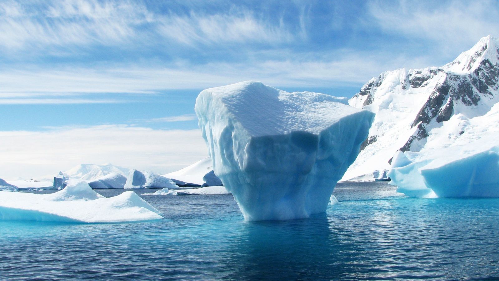 Piece of iceberg floating on water, with blue skies, blue water, and snow-covered hill in the background.