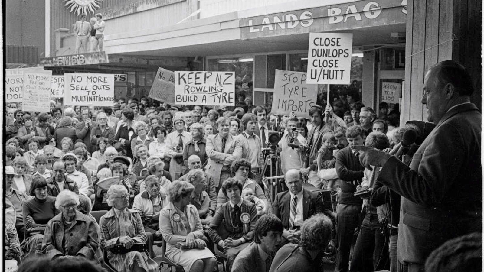 Sir Robert Muldoon speaking to an election meeting in 1981 about the Dunlop factory, now Brewtown, in Upper Hutt.