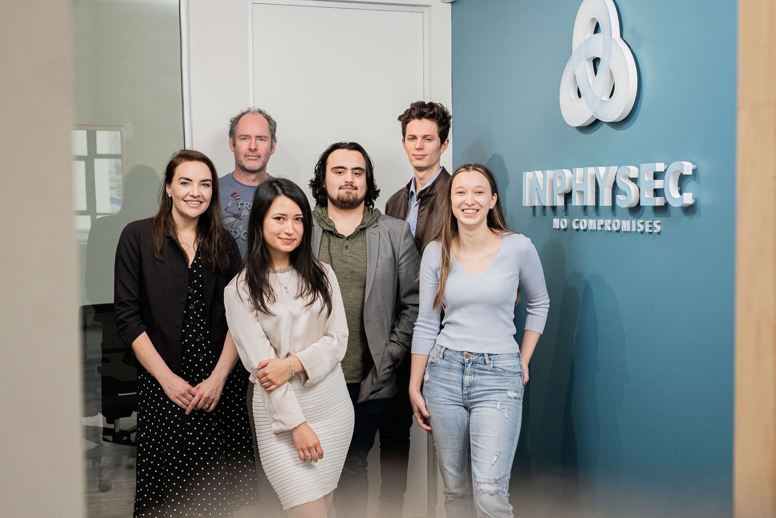 Inphysec staff, from left: Bianca Van der Westhuizen (Director of Client Operations), Marc Barlow (CEO), Camila Lis, Ethan King, Emanuel Evans, and Luisa Kristen.