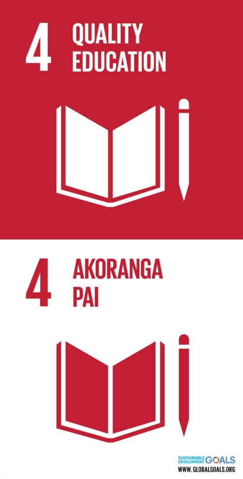 A red and white graphic logo of an open book and pencil for the UN SDG 4: quality education - in both English and te reo Maori