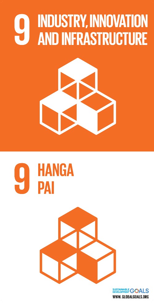 An orange and white graphic logo of three building blocks for the UN SDG 9: industry, innovation and infrastructure - in both English and te reo Maori