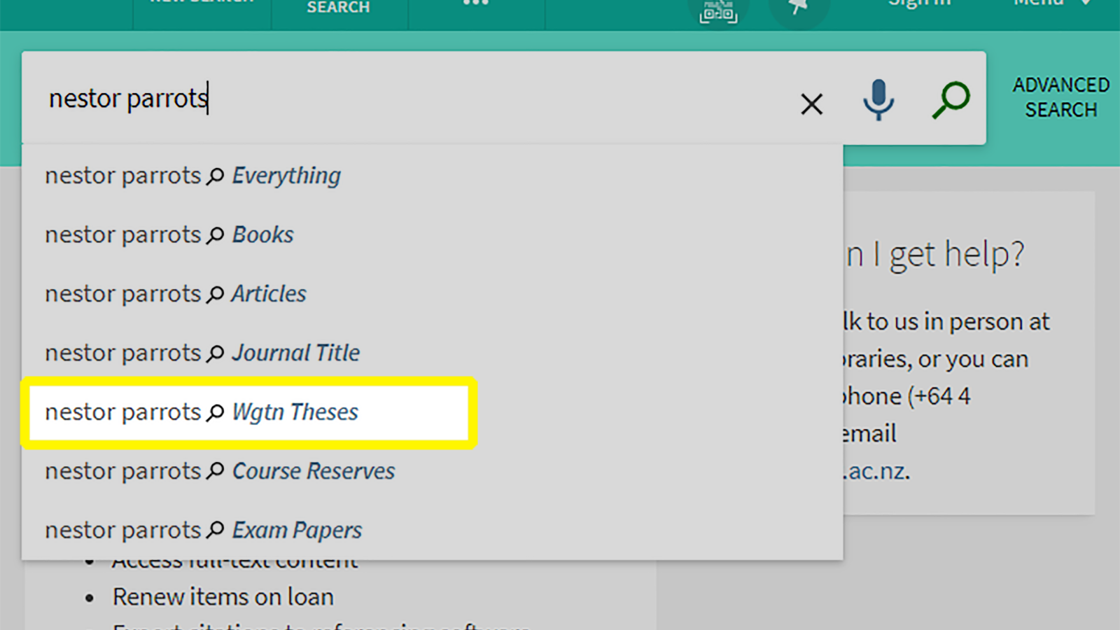 Screenshot of search on Te Waharoa for nestor parrots with the Wellington theses option hightlighted
