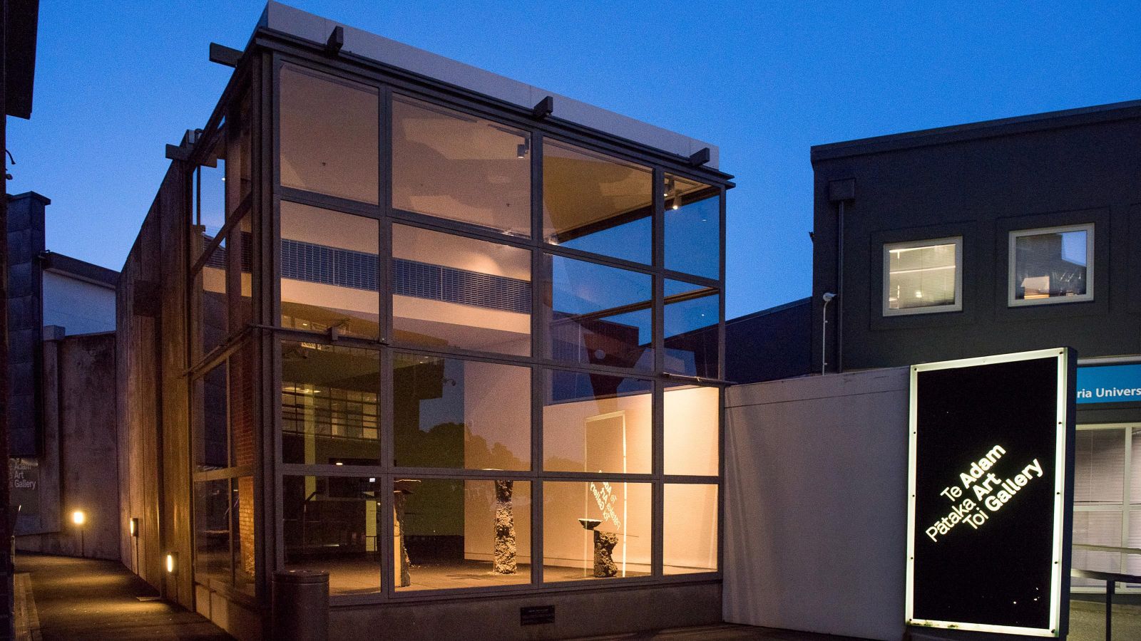 The entrance to Adam Art Gallery at night