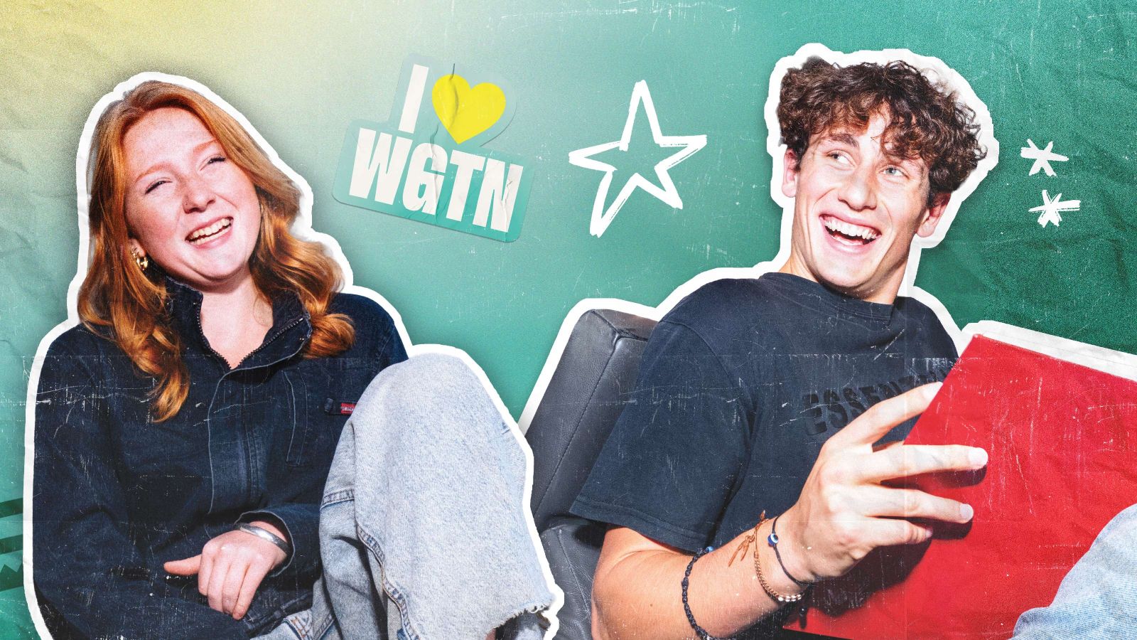 Two students smiling on a blue background with stickers and scribbles.