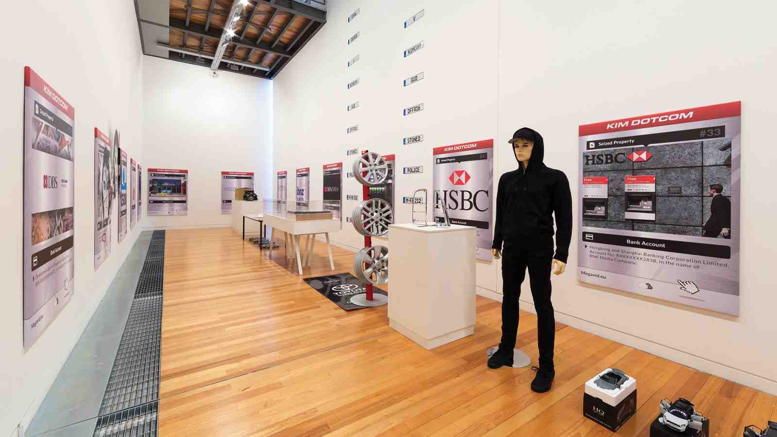 Simon Denny, The Personal Effects of Kim Dotcom 2014, installation view at the Adam Art Gallery, Victoria University of Wellington