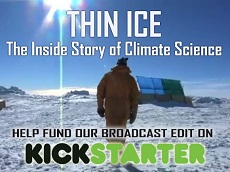 Poster for 'Thin Ice – the Inside Story of Climate Science' showing man walking on snow