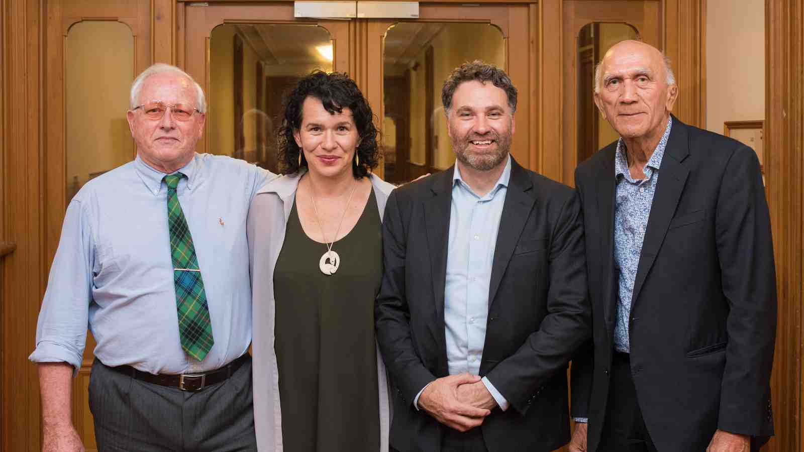 Professor Alex Frame (University of Waikato), Kerensa Johnston (Wakatū CEO), Dr Carwyn Jones and Rore Stafford (Wakatū Board Kaumatua).