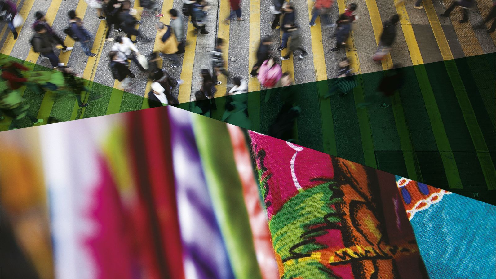 Banner - people crossing a road juxtaposed with an image of rolls of fabric.