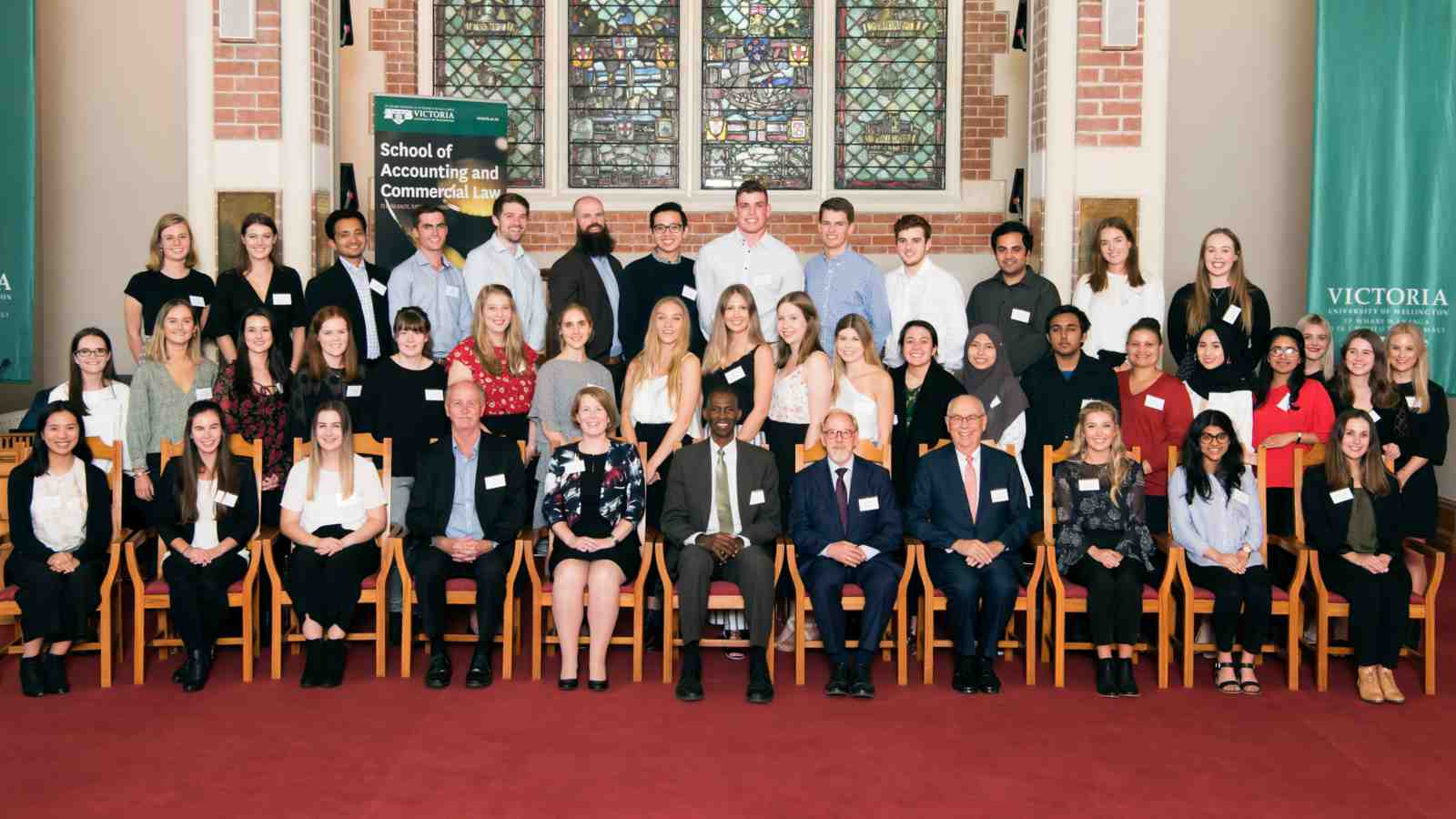 Student prize-winners, sponsor representatives, and (front row, centre) Pro-Vice-Chancellor and Dean of Commerce, Professor Ian Williamson; Professor Ian Eggleton, Head of the School of Accounting and Commercial Law and Warren Allen, CE of the External Reporting Board.