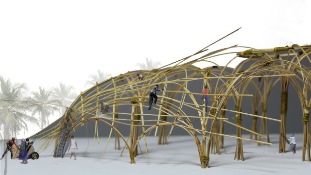 Concept of construction in Niue – an animated image of workers bending bamboo poles to form a building.