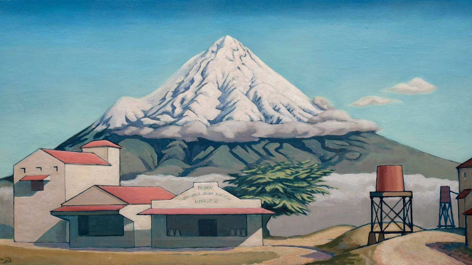 Modernist painting of Mt Taranaki with snow on peaks, cloud around middle, green vegetation on bottom half and cluster of buildings at base