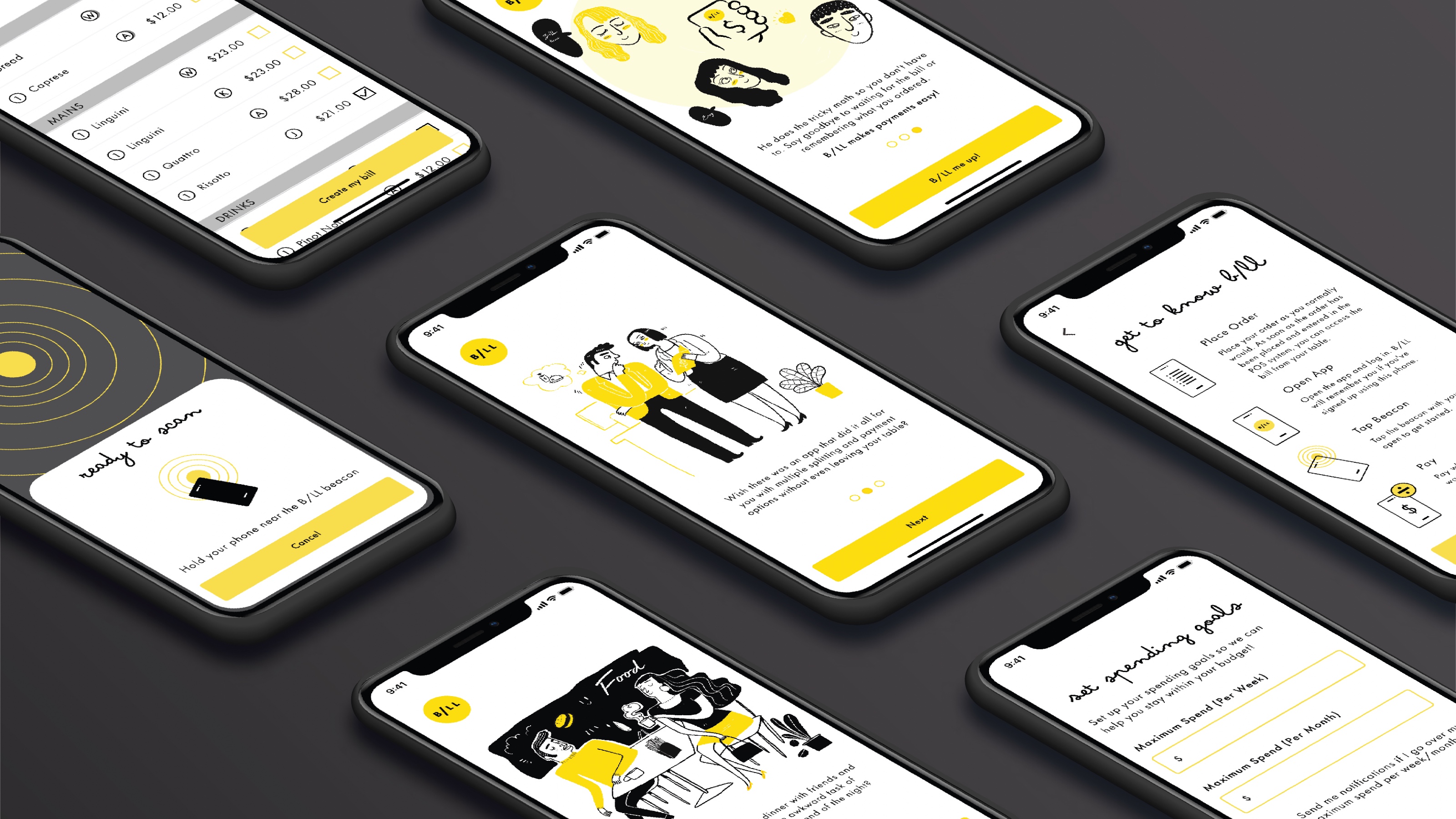 Multiple phone screens showing yellow, white and black illustrated mockups of a payment app.